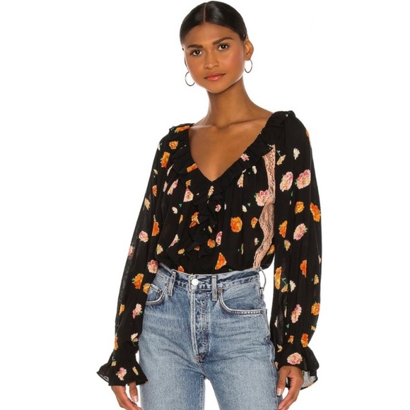 Free People Tops - NEW FREE PEOPLE FLORAL PRINTED LONG SLEEVE BODYSUIT